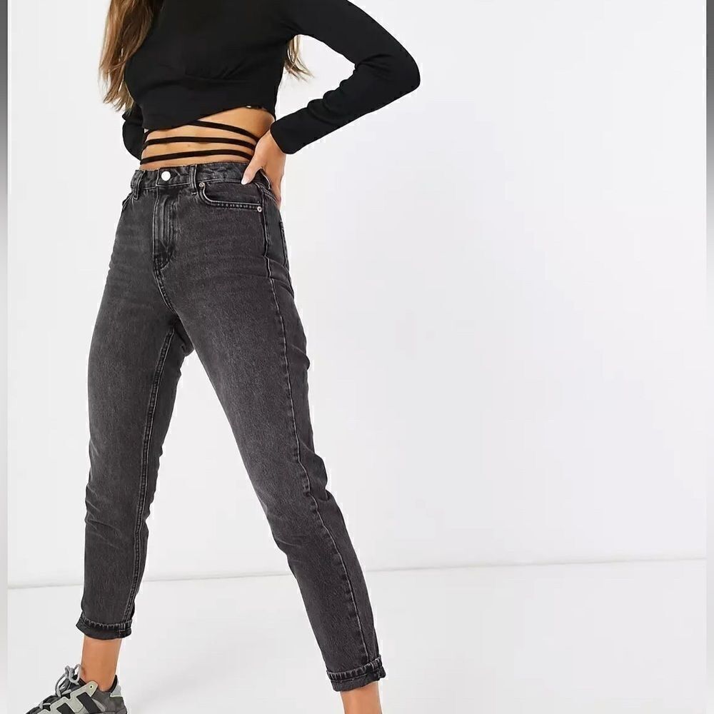 Topshop Mom Jeans Washed Black High Rise Straight Relaxed Denim Jeans Sz 34X30